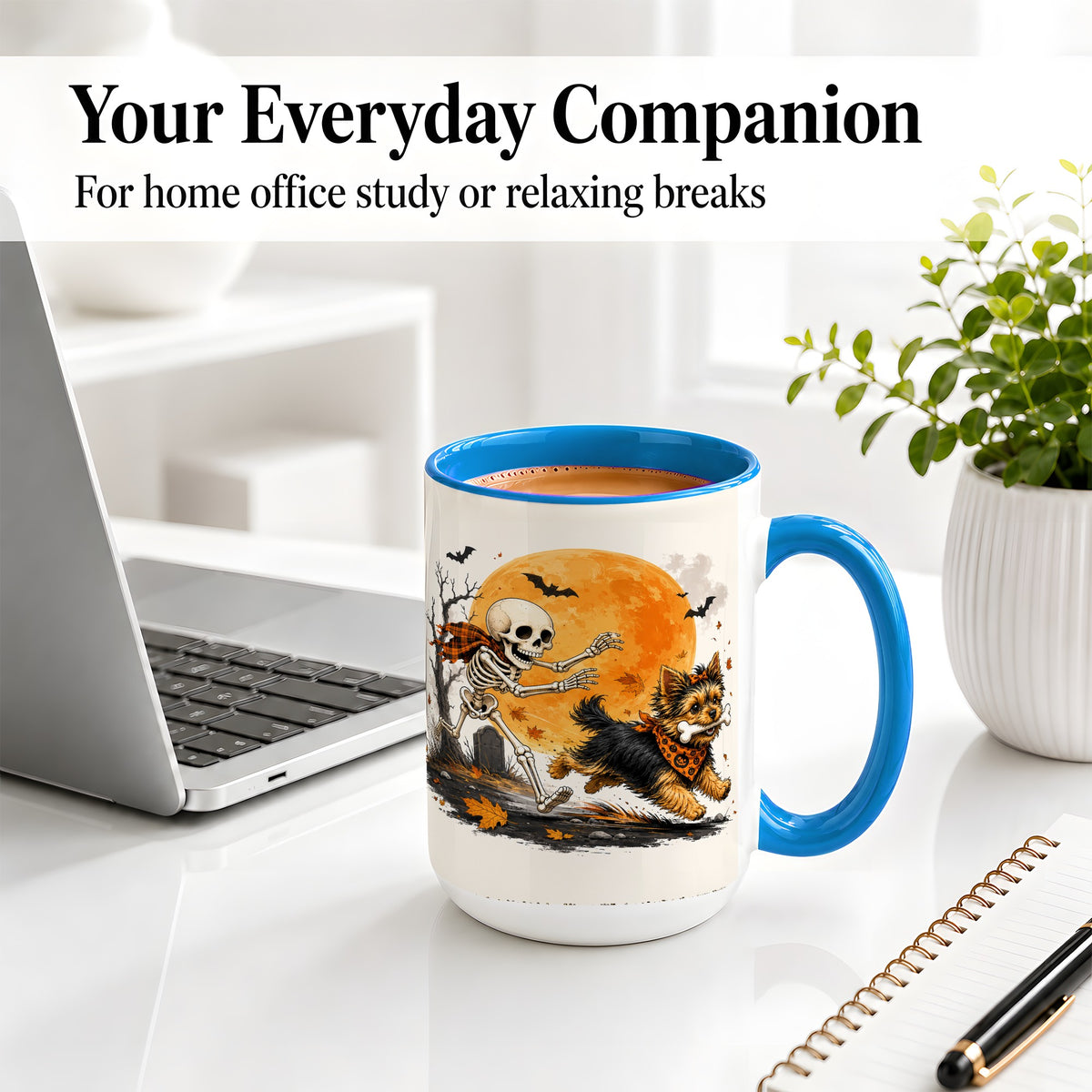 #pl[15oz|Blue] Halloween Yorkie Ceramic Mug, Orange Moon Skeleton Dog Design