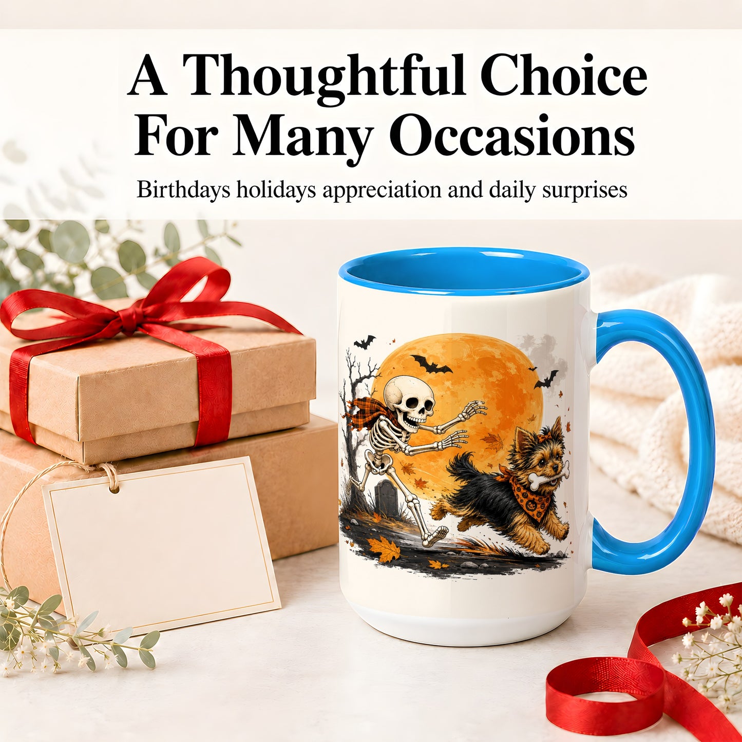 #pl[15oz|Blue] Halloween Yorkie Ceramic Mug, Orange Moon Skeleton Dog Design