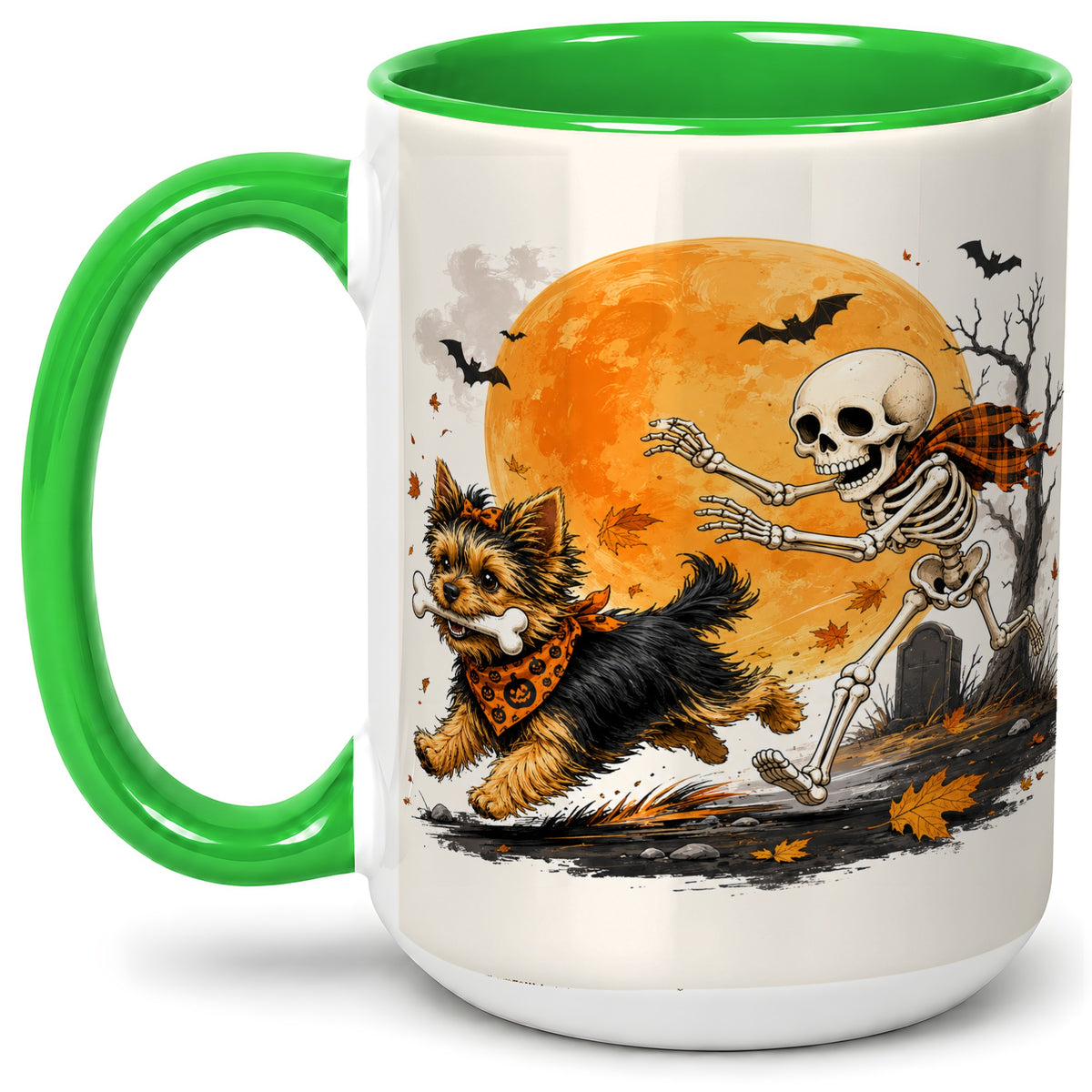 #pl[15oz|Green] Halloween Yorkie Ceramic Mug, Orange Moon Skeleton Dog Design