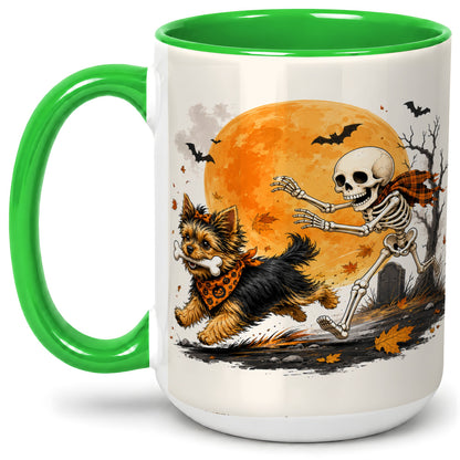 #pl[15oz|Green] Halloween Yorkie Ceramic Mug, Orange Moon Skeleton Dog Design