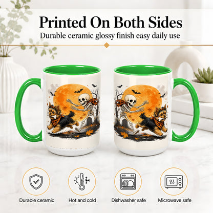 #pl[15oz|Green] Halloween Yorkie Ceramic Mug, Orange Moon Skeleton Dog Design