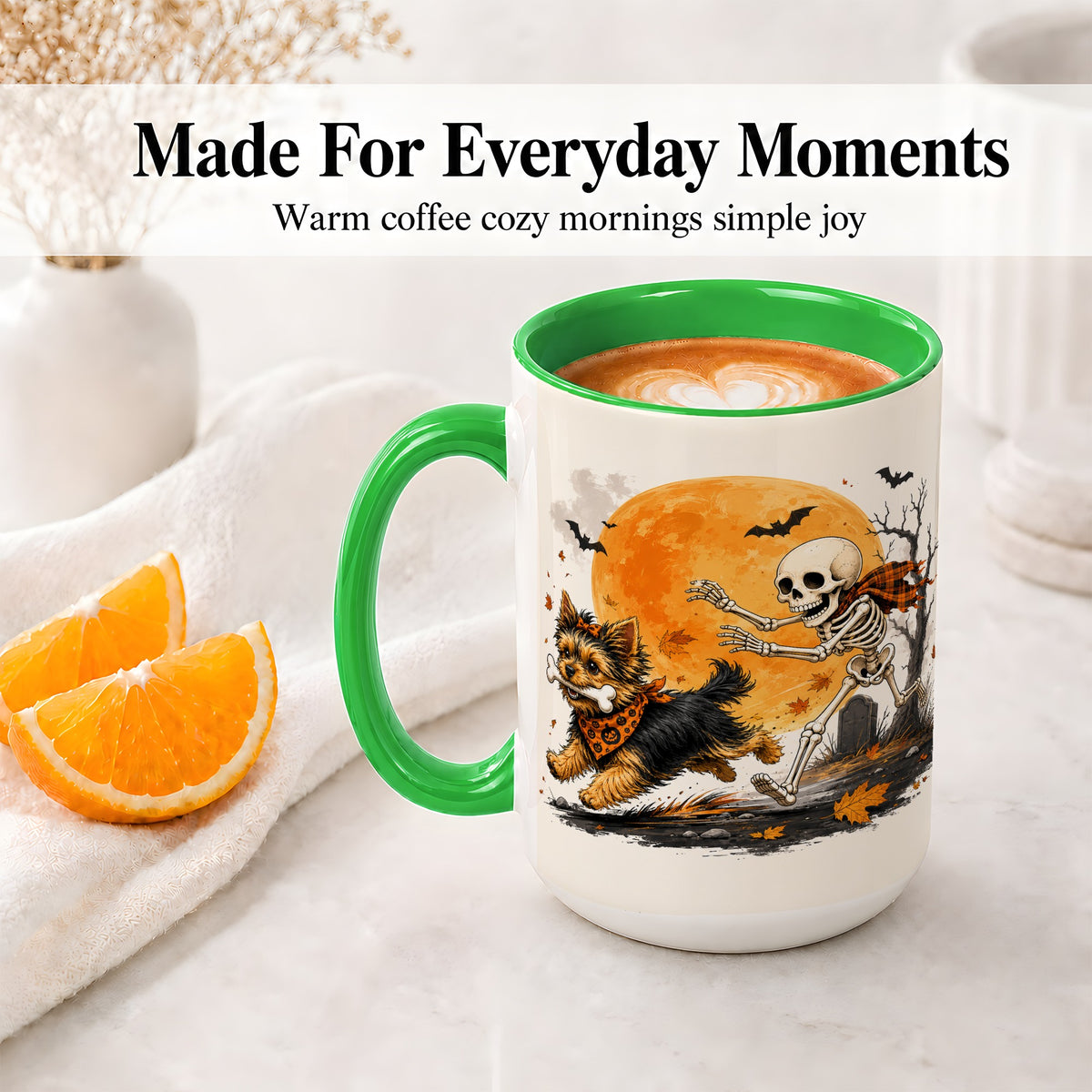 #pl[15oz|Green] Halloween Yorkie Ceramic Mug, Orange Moon Skeleton Dog Design