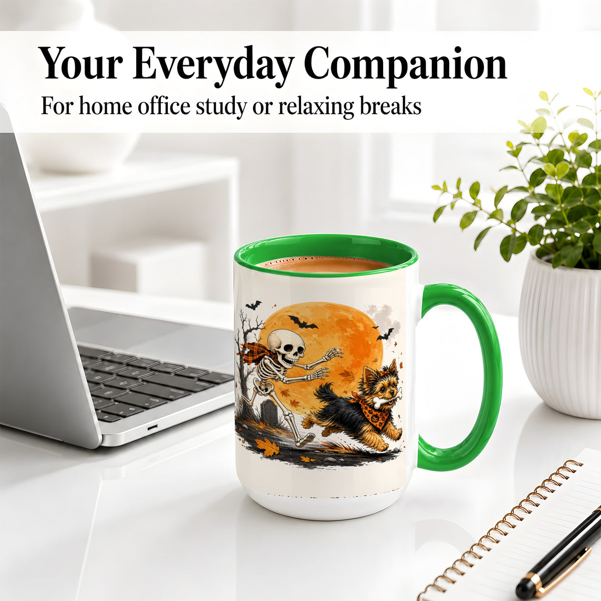 #pl[15oz|Green] Halloween Yorkie Ceramic Mug, Orange Moon Skeleton Dog Design