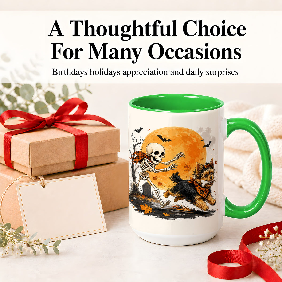 #pl[15oz|Green] Halloween Yorkie Ceramic Mug, Orange Moon Skeleton Dog Design