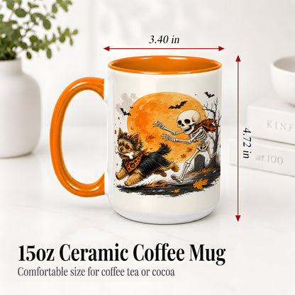 #pl[15oz|Orange] Halloween Yorkie Ceramic Mug, Orange Moon Skeleton Dog Design