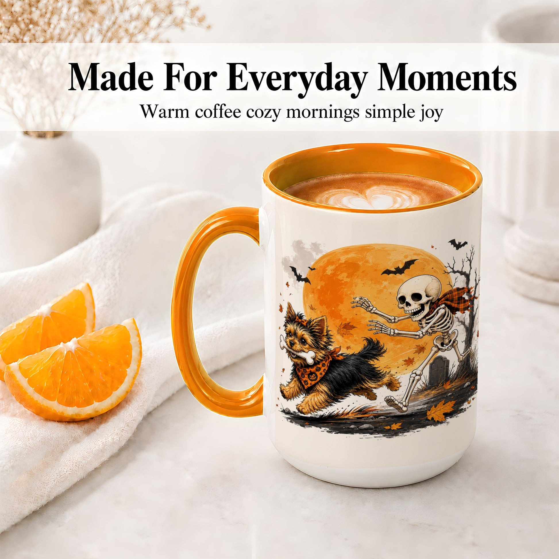 #pl[15oz|Orange] Halloween Yorkie Ceramic Mug, Orange Moon Skeleton Dog Design