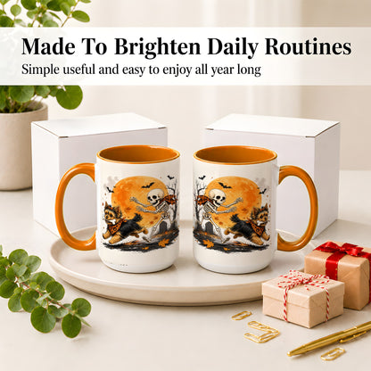 #pl[15oz|Orange] Halloween Yorkie Ceramic Mug, Orange Moon Skeleton Dog Design
