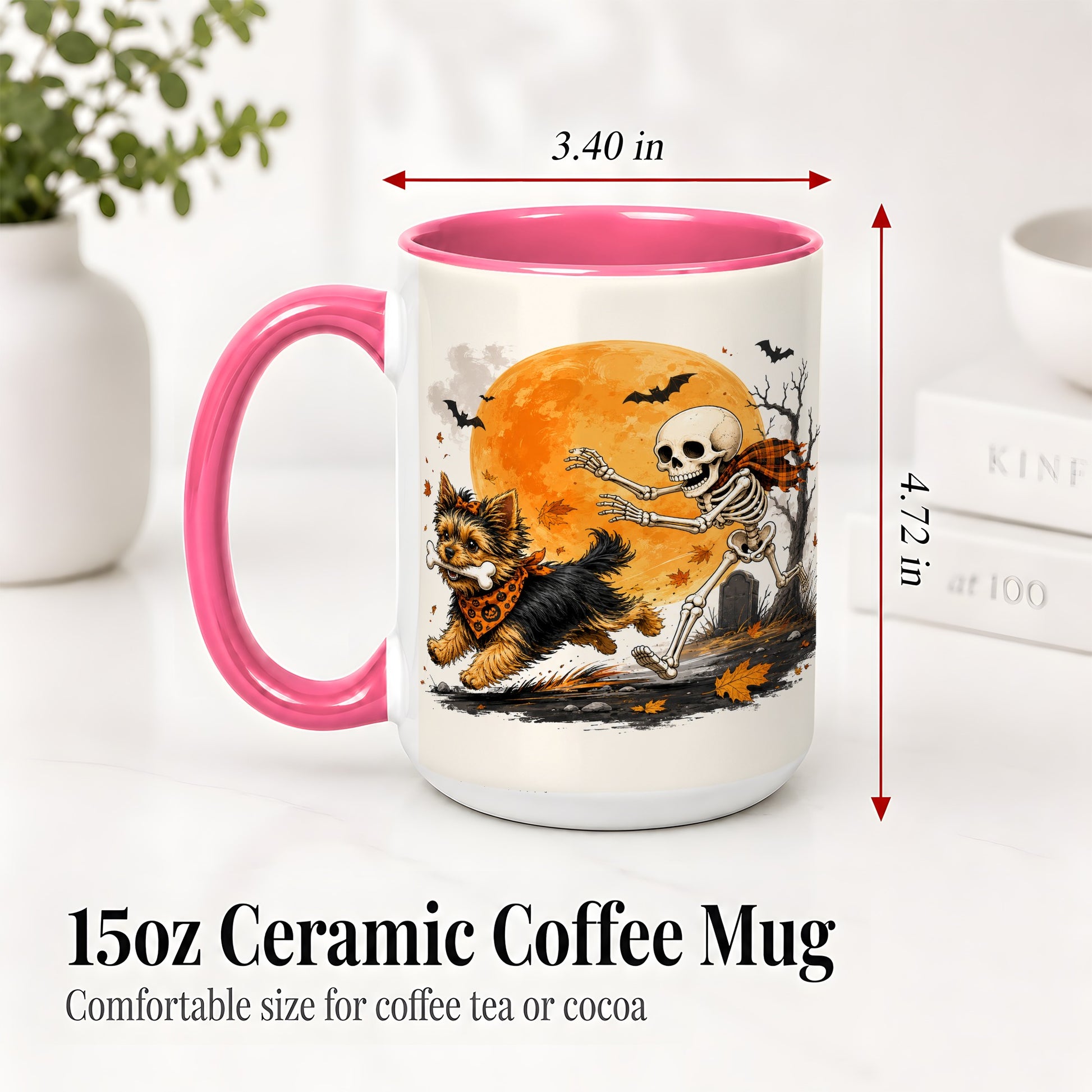#pl[15oz|Pink] Halloween Yorkie Ceramic Mug, Orange Moon Skeleton Dog Design