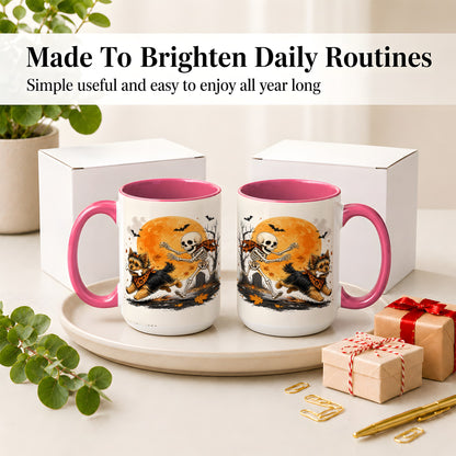 #pl[15oz|Pink] Halloween Yorkie Ceramic Mug, Orange Moon Skeleton Dog Design