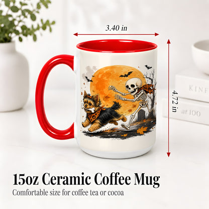 #pl[15oz|Red] Halloween Yorkie Ceramic Mug, Orange Moon Skeleton Dog Design