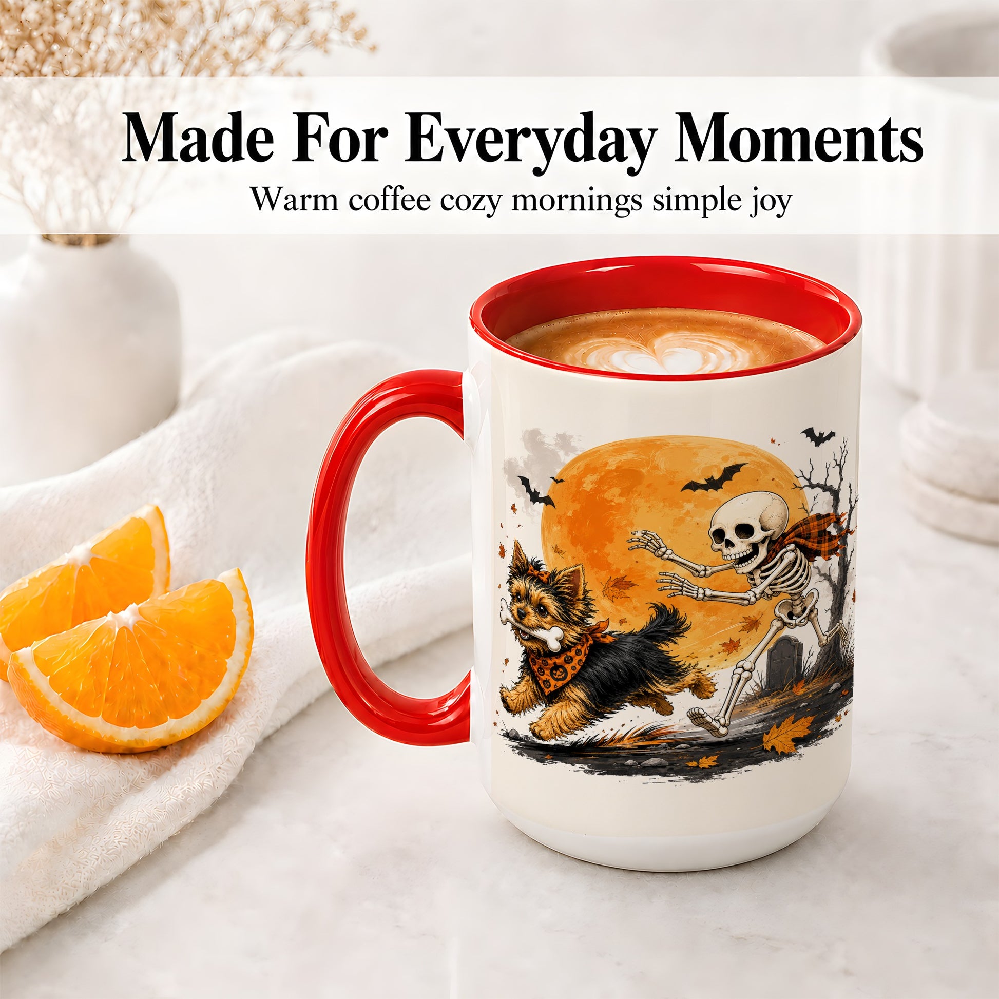 #pl[15oz|Red] Halloween Yorkie Ceramic Mug, Orange Moon Skeleton Dog Design