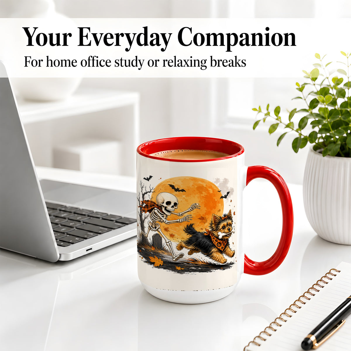 #pl[15oz|Red] Halloween Yorkie Ceramic Mug, Orange Moon Skeleton Dog Design