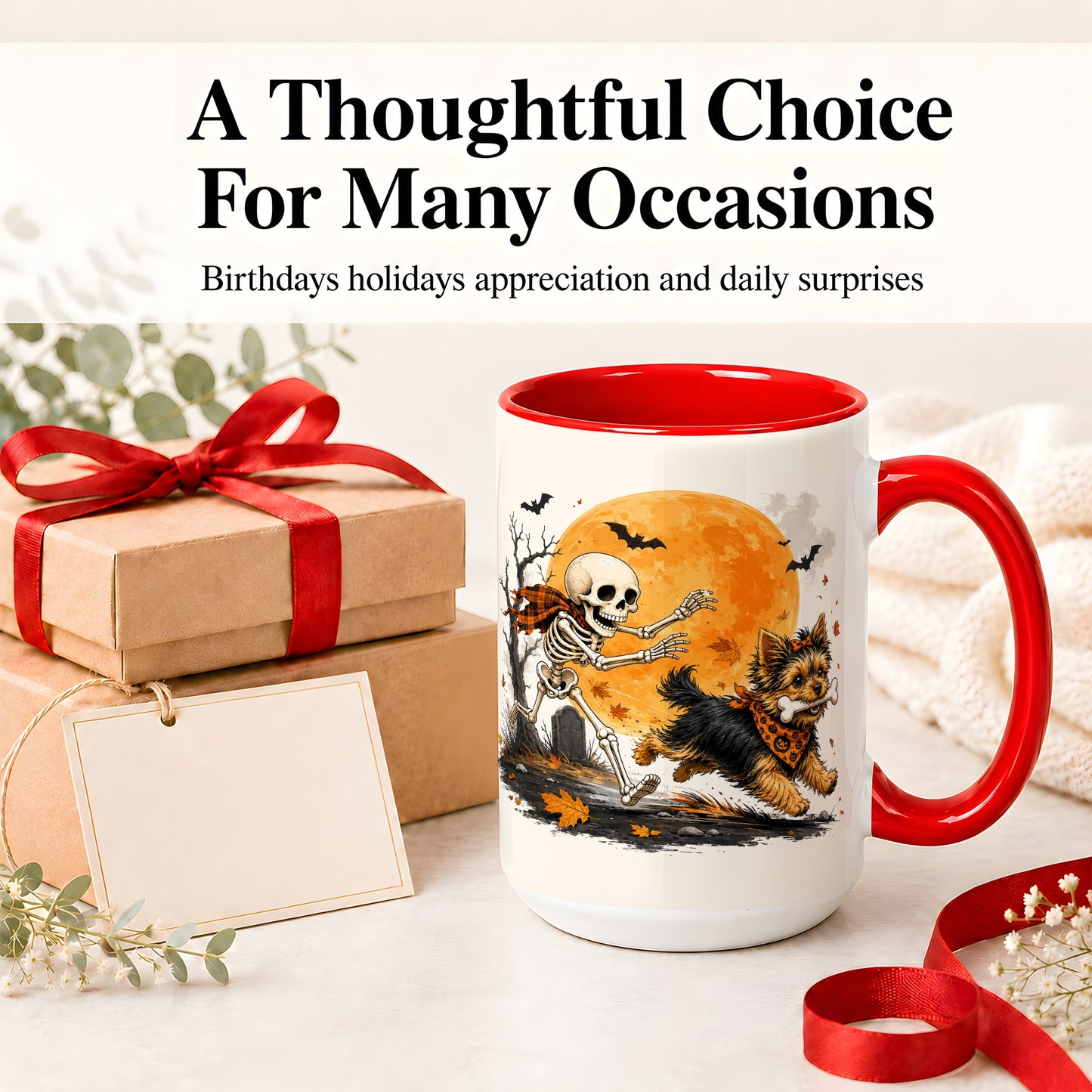 #pl[15oz|Red] Halloween Yorkie Ceramic Mug, Orange Moon Skeleton Dog Design