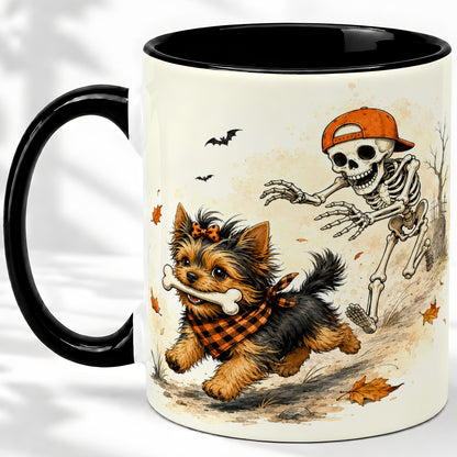 #pl[11oz|Black] Halloween Terrier Ceramic Mug, Skeleton Chase Autumn Artwork