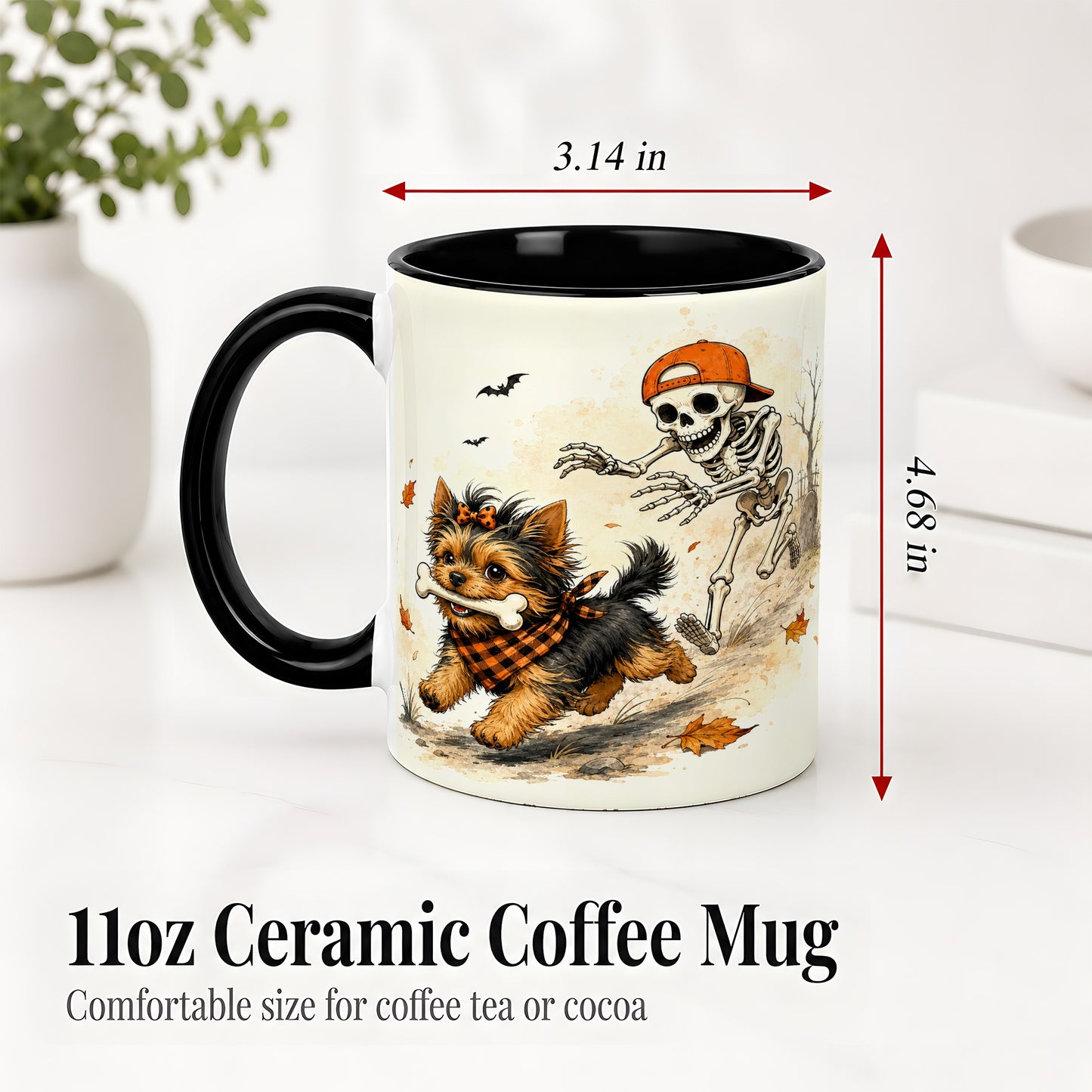 #pl[11oz|Black] Halloween Terrier Ceramic Mug, Skeleton Chase Autumn Artwork
