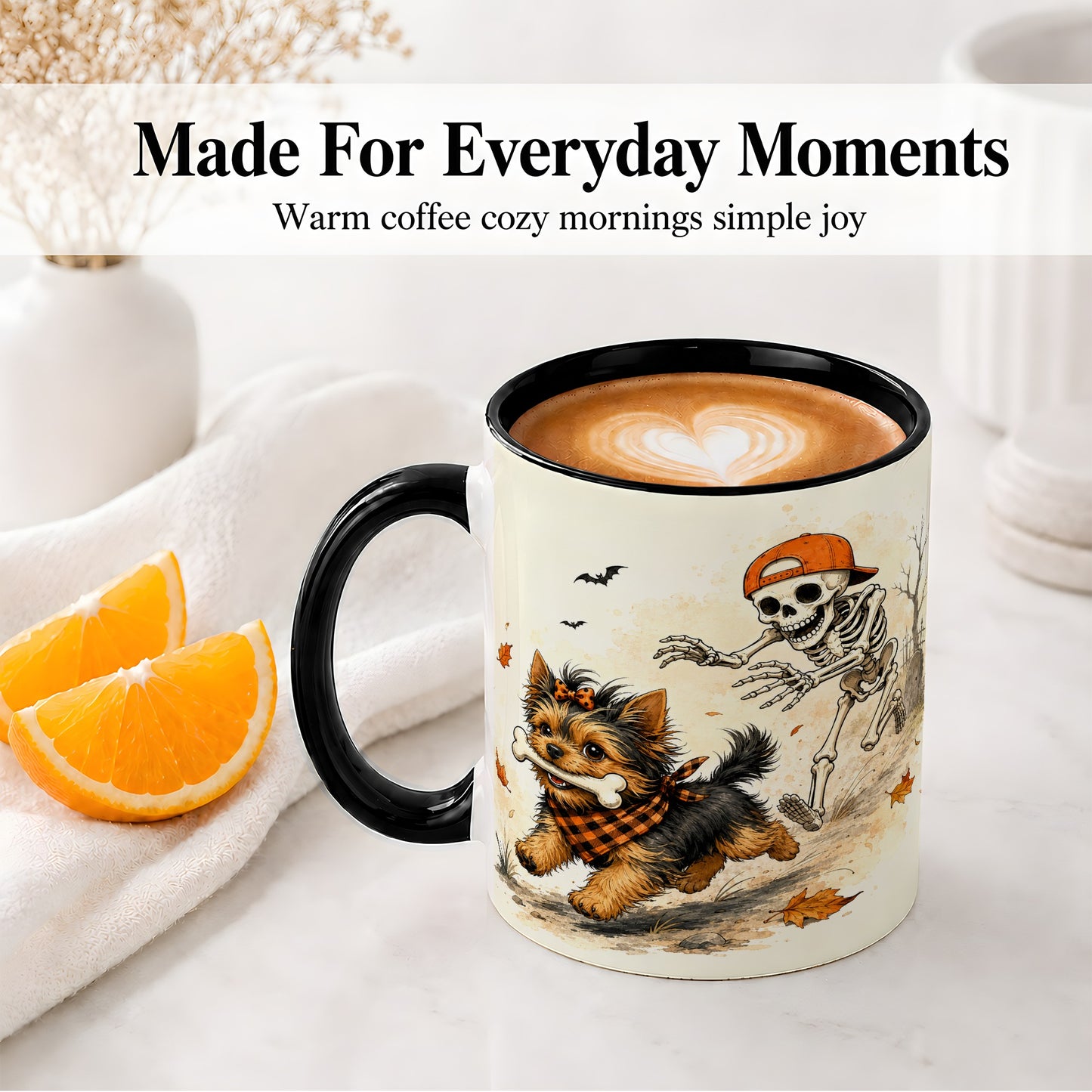 #pl[11oz|Black] Halloween Terrier Ceramic Mug, Skeleton Chase Autumn Artwork