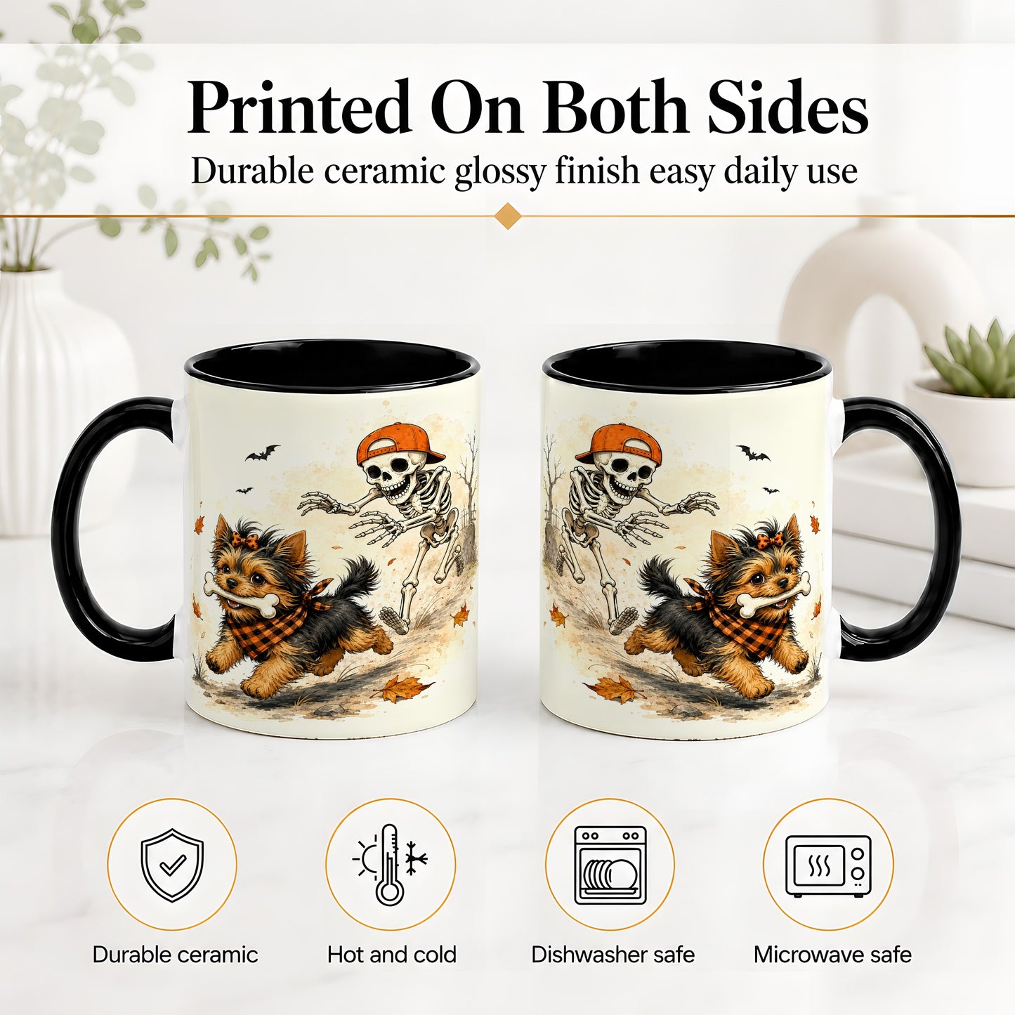 #pl[11oz|Black] Halloween Terrier Ceramic Mug, Skeleton Chase Autumn Artwork