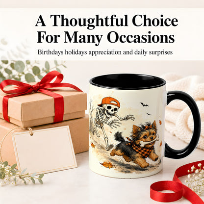#pl[11oz|Black] Halloween Terrier Ceramic Mug, Skeleton Chase Autumn Artwork