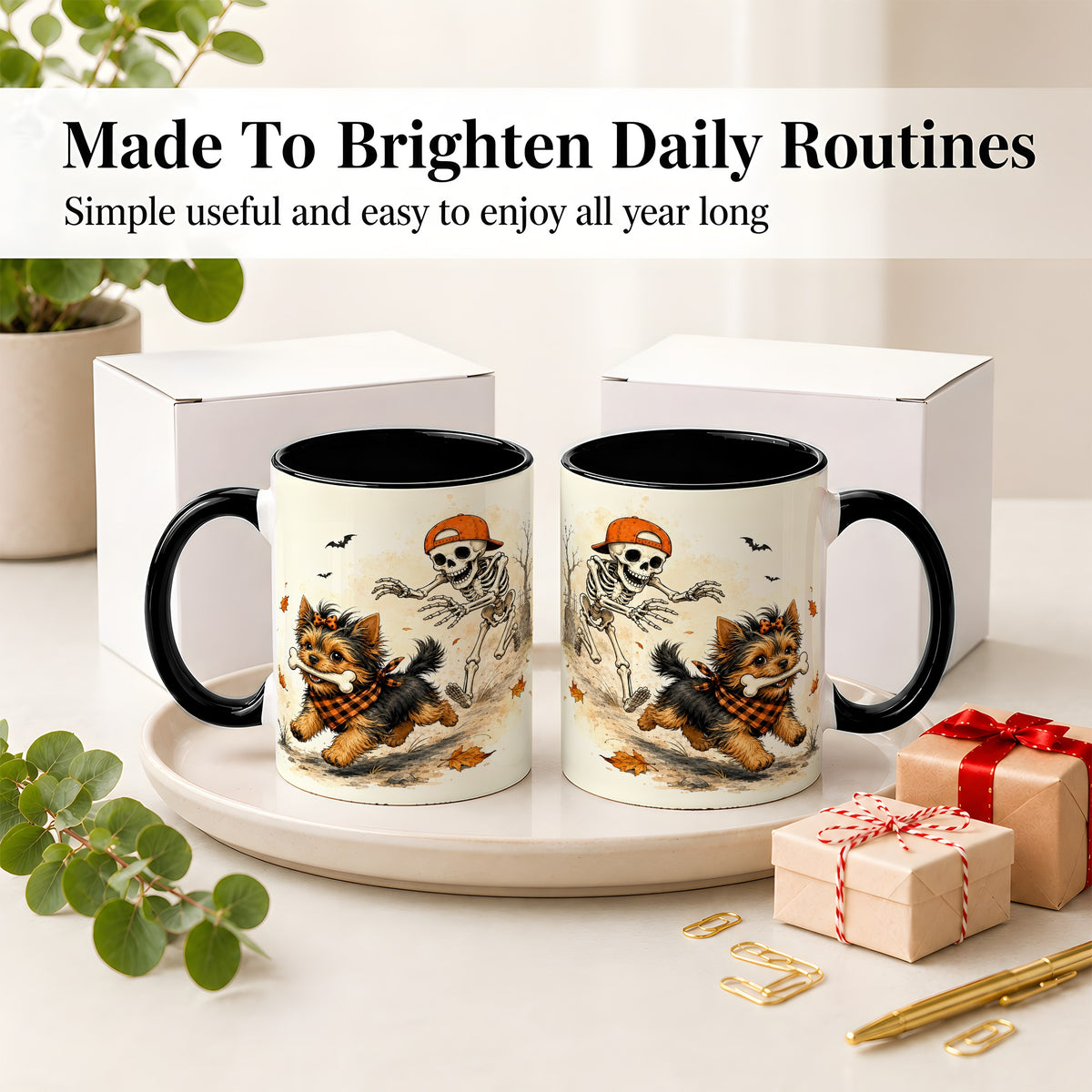 #pl[11oz|Black] Halloween Terrier Ceramic Mug, Skeleton Chase Autumn Artwork