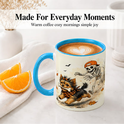 #pl[11oz|Blue] Halloween Terrier Ceramic Mug, Skeleton Chase Autumn Artwork