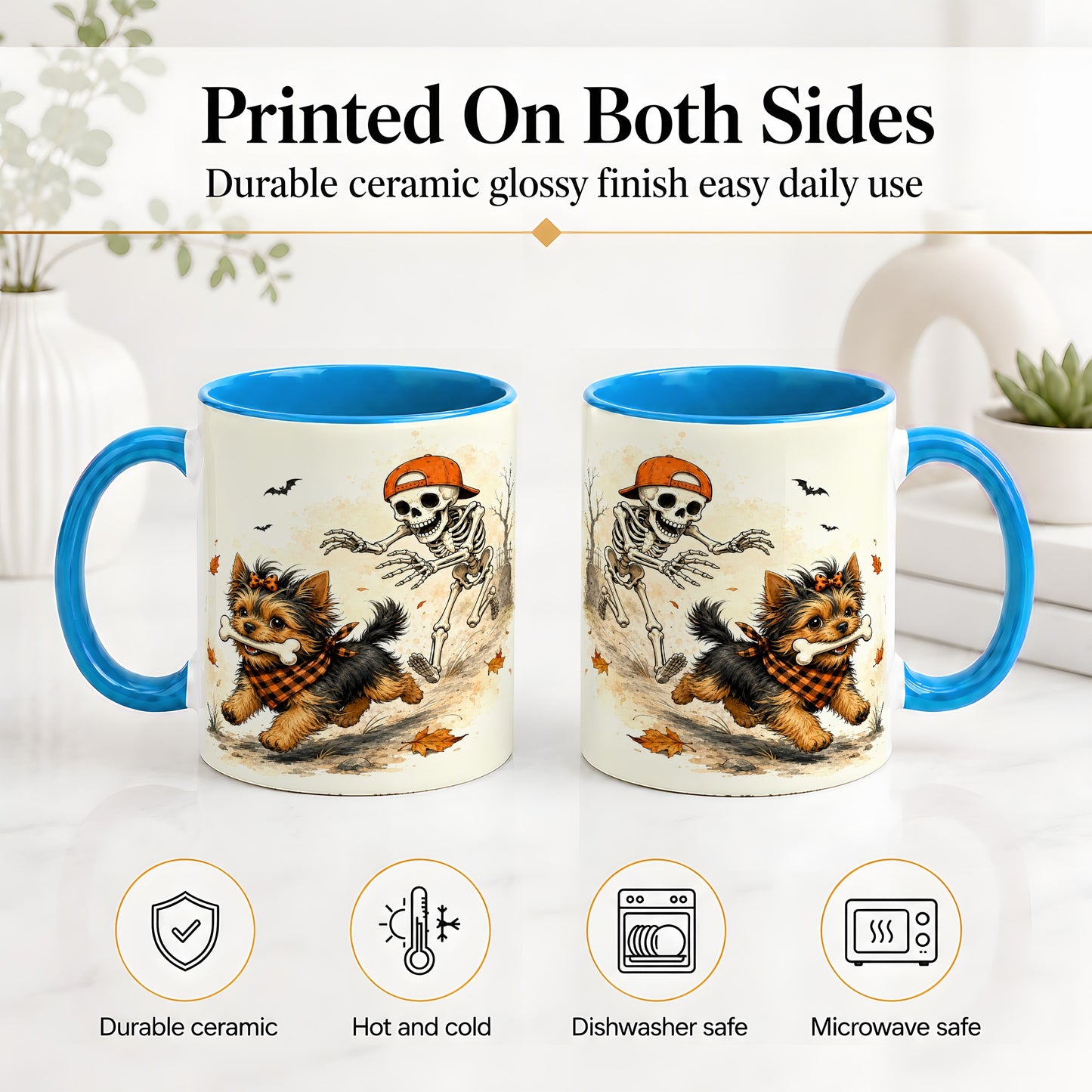 #pl[11oz|Blue] Halloween Terrier Ceramic Mug, Skeleton Chase Autumn Artwork