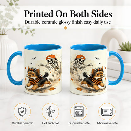 #pl[11oz|Blue] Halloween Terrier Ceramic Mug, Skeleton Chase Autumn Artwork