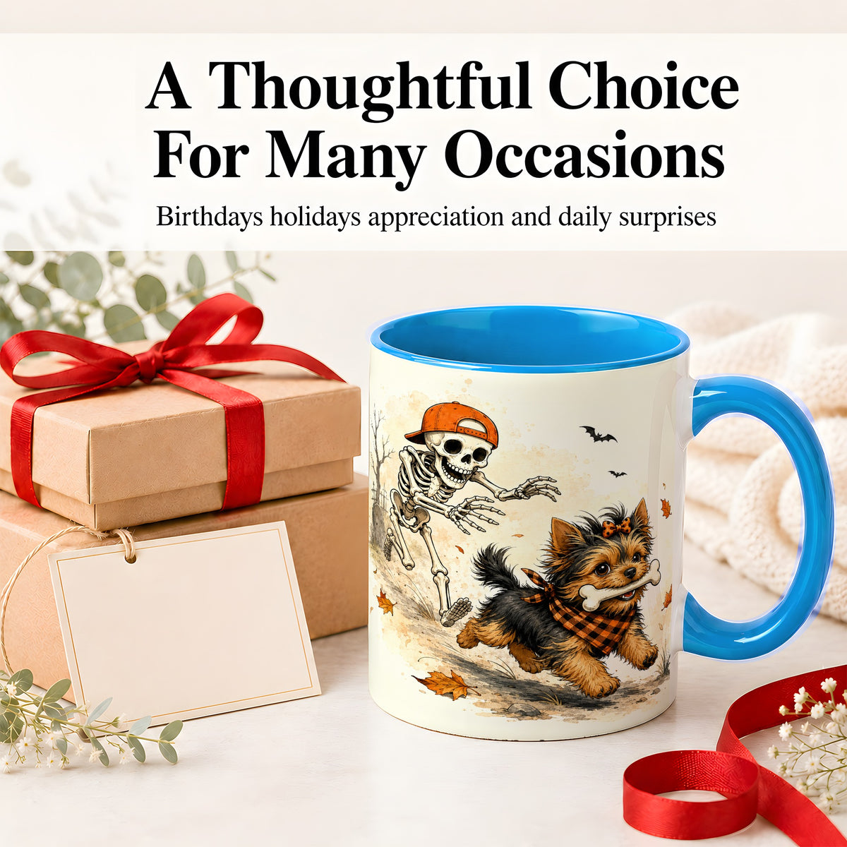 #pl[11oz|Blue] Halloween Terrier Ceramic Mug, Skeleton Chase Autumn Artwork