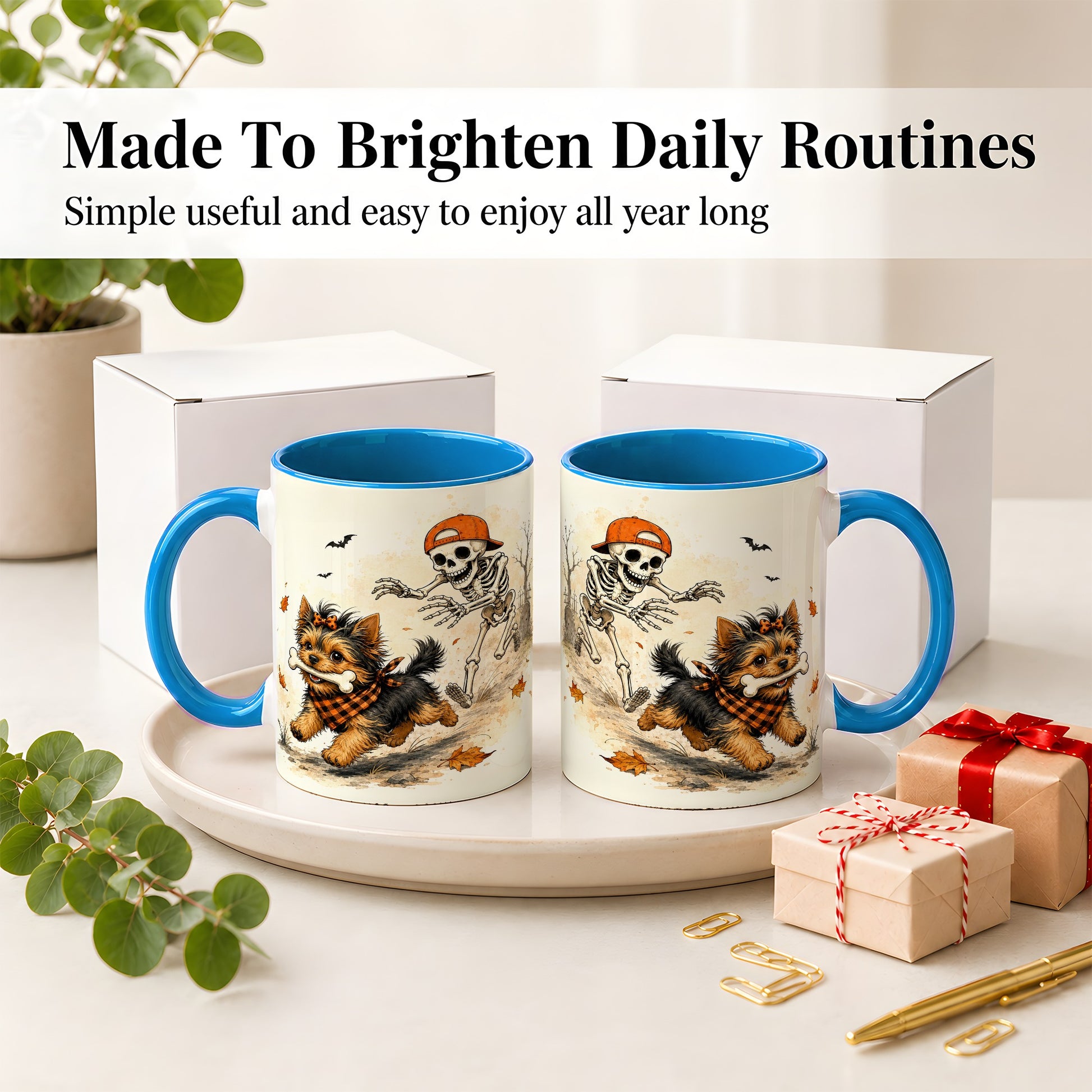 #pl[11oz|Blue] Halloween Terrier Ceramic Mug, Skeleton Chase Autumn Artwork