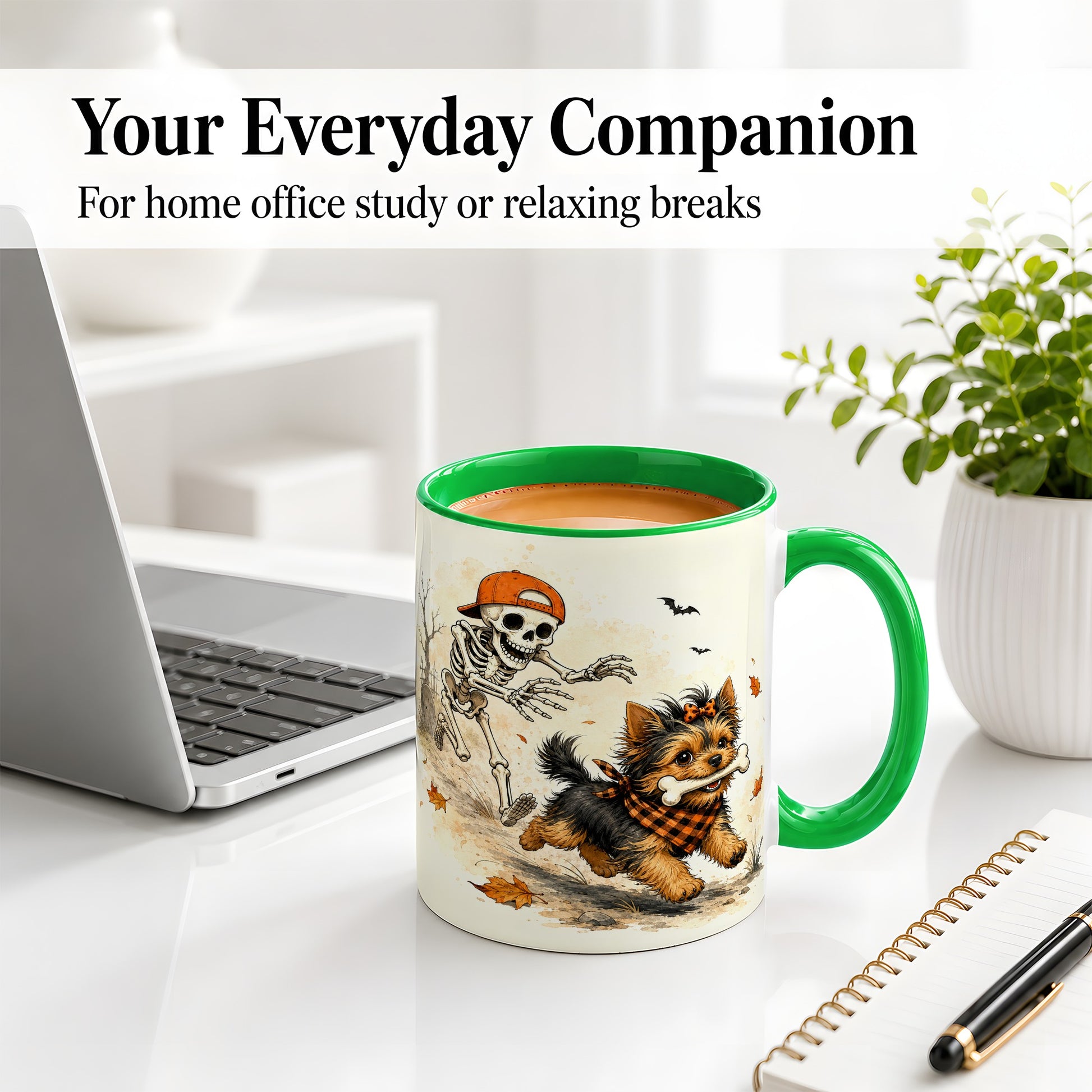 #pl[11oz|Green] Halloween Terrier Ceramic Mug, Skeleton Chase Autumn Artwork
