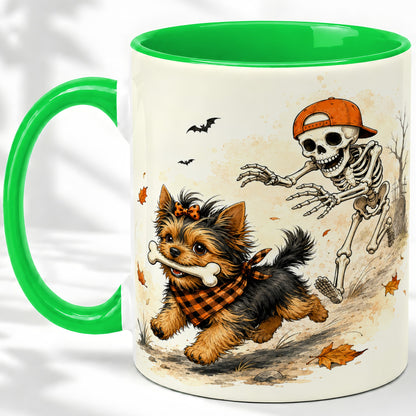 #pl[11oz|Green] Halloween Terrier Ceramic Mug, Skeleton Chase Autumn Artwork