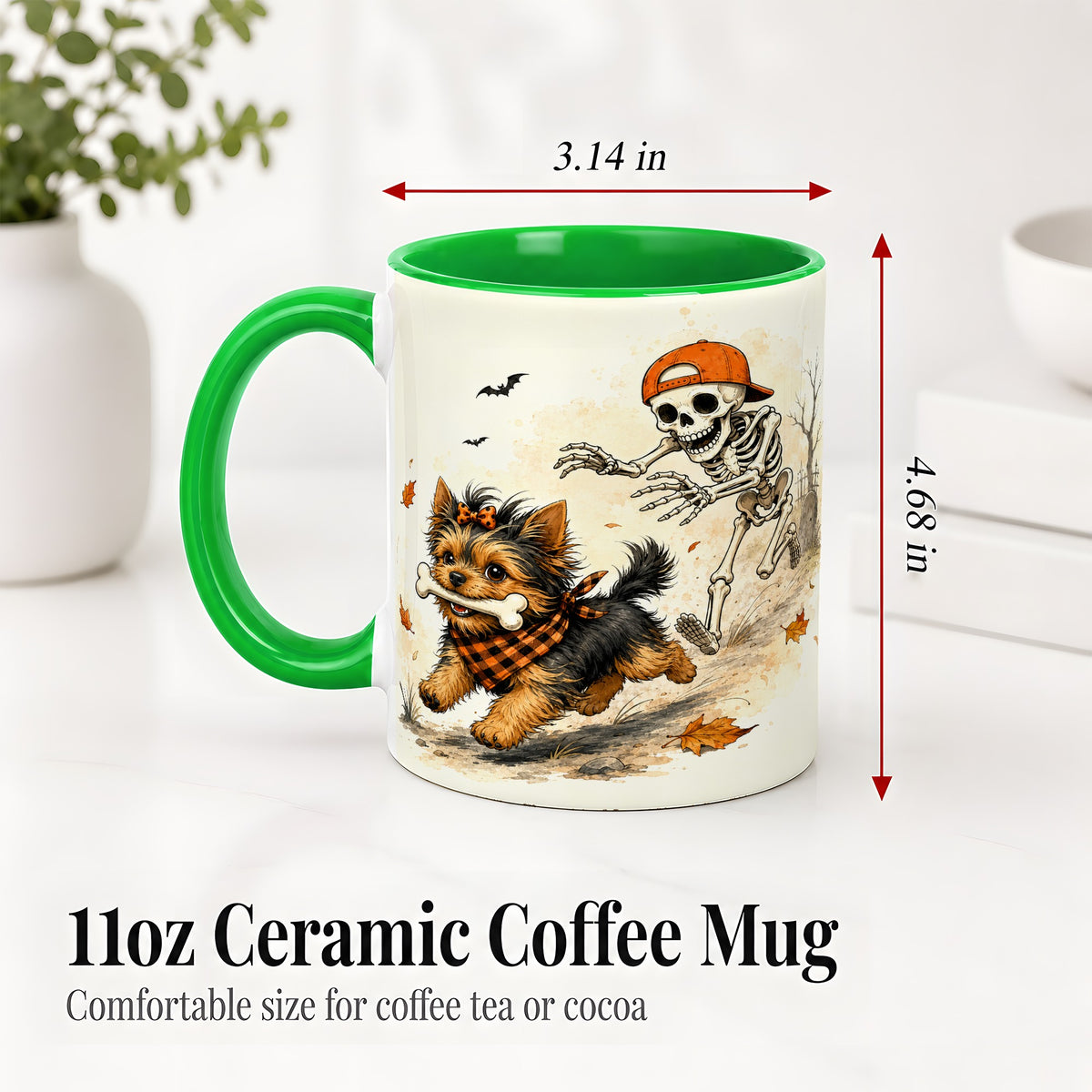 #pl[11oz|Green] Halloween Terrier Ceramic Mug, Skeleton Chase Autumn Artwork
