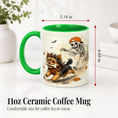 #pl[11oz|Green] Halloween Terrier Ceramic Mug, Skeleton Chase Autumn Artwork