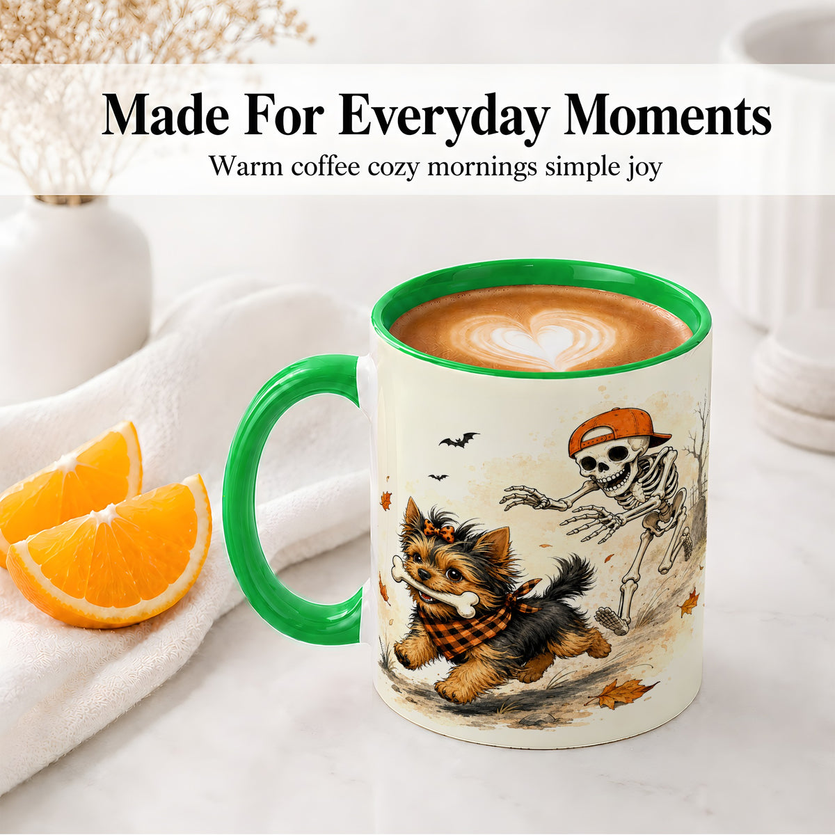 #pl[11oz|Green] Halloween Terrier Ceramic Mug, Skeleton Chase Autumn Artwork