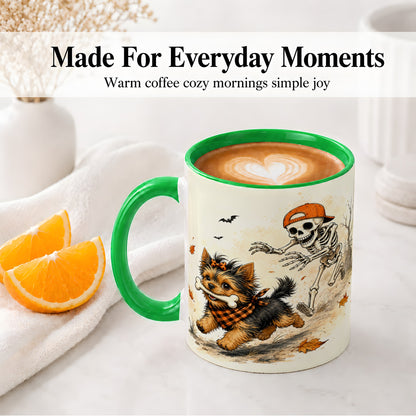 #pl[11oz|Green] Halloween Terrier Ceramic Mug, Skeleton Chase Autumn Artwork