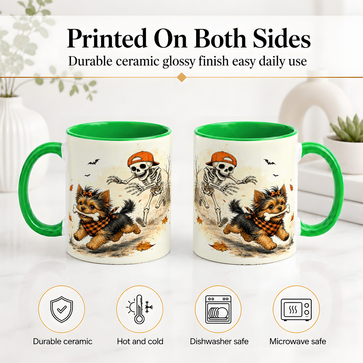 #pl[11oz|Green] Halloween Terrier Ceramic Mug, Skeleton Chase Autumn Artwork