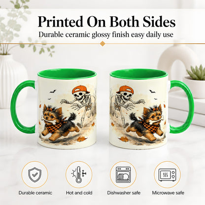 #pl[11oz|Green] Halloween Terrier Ceramic Mug, Skeleton Chase Autumn Artwork