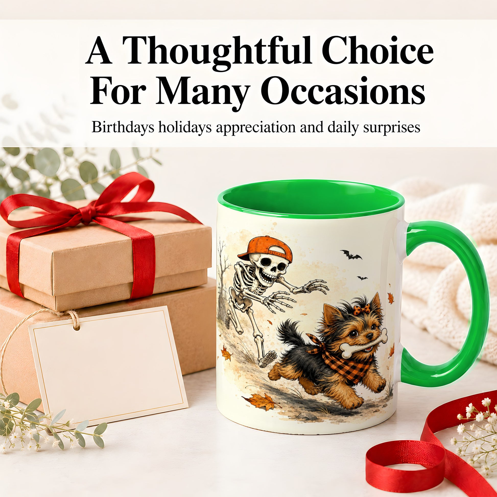 #pl[11oz|Green] Halloween Terrier Ceramic Mug, Skeleton Chase Autumn Artwork