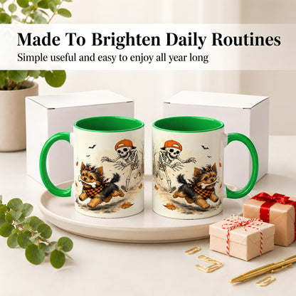 #pl[11oz|Green] Halloween Terrier Ceramic Mug, Skeleton Chase Autumn Artwork