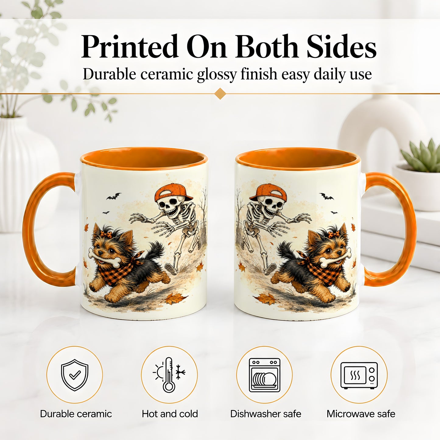 #pl[11oz|Orange] Halloween Terrier Ceramic Mug, Skeleton Chase Autumn Artwork