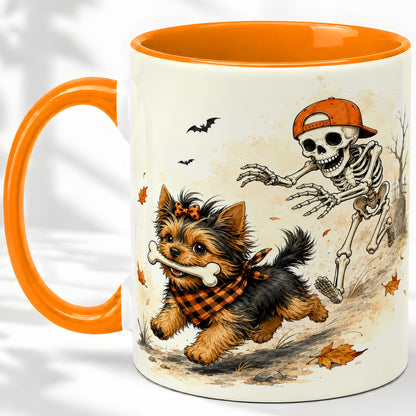 #pl[11oz|Orange] Halloween Terrier Ceramic Mug, Skeleton Chase Autumn Artwork