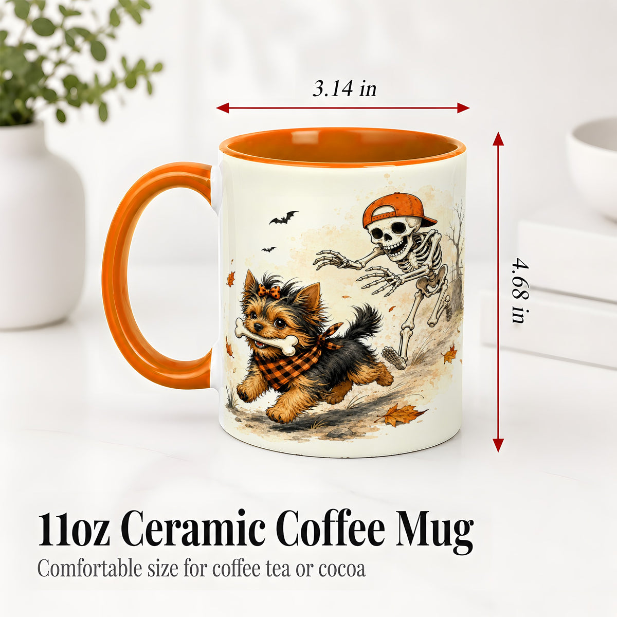 #pl[11oz|Orange] Halloween Terrier Ceramic Mug, Skeleton Chase Autumn Artwork