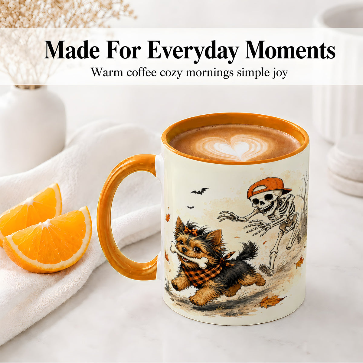 #pl[11oz|Orange] Halloween Terrier Ceramic Mug, Skeleton Chase Autumn Artwork