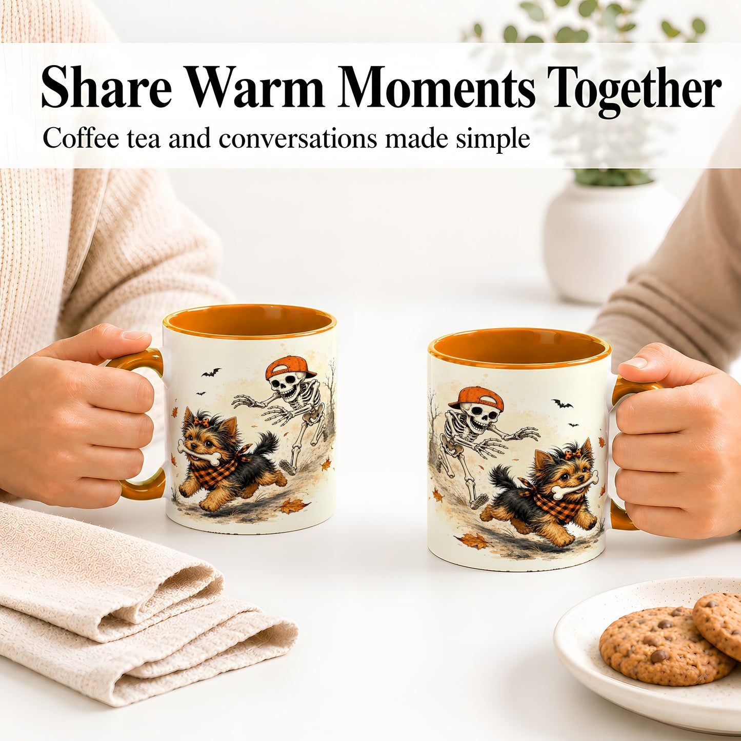 #pl[11oz|Orange] Halloween Terrier Ceramic Mug, Skeleton Chase Autumn Artwork