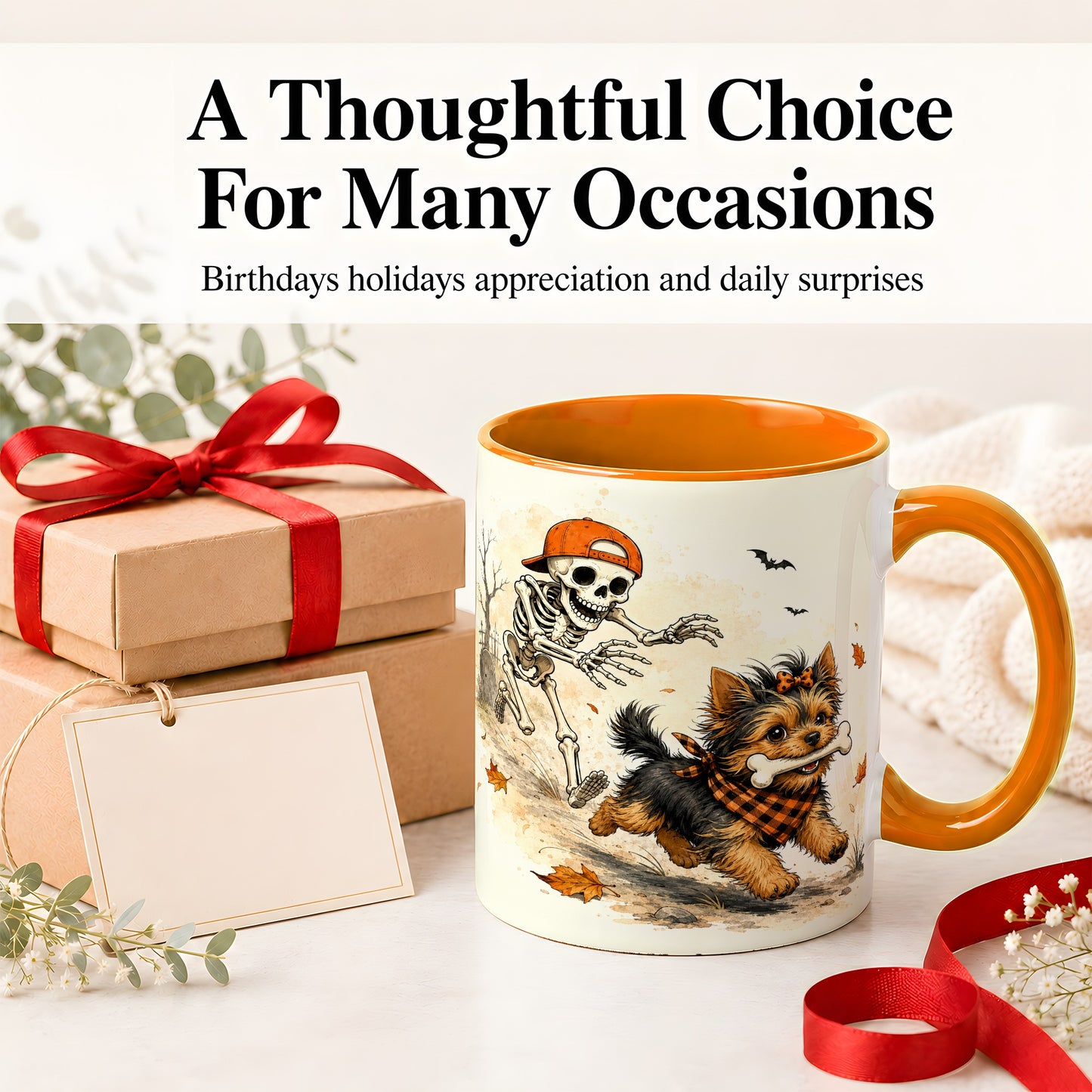 #pl[11oz|Orange] Halloween Terrier Ceramic Mug, Skeleton Chase Autumn Artwork