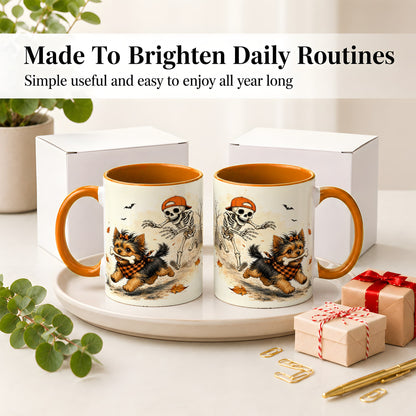 #pl[11oz|Orange] Halloween Terrier Ceramic Mug, Skeleton Chase Autumn Artwork