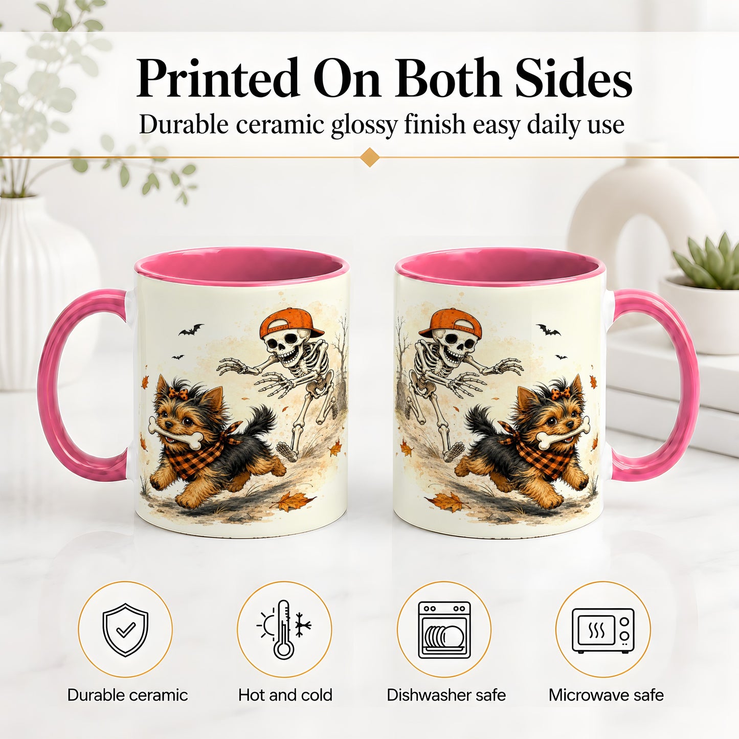 #pl[11oz|Pink] Halloween Terrier Ceramic Mug, Skeleton Chase Autumn Artwork