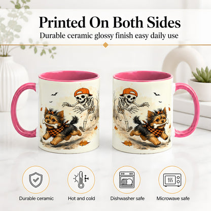 #pl[11oz|Pink] Halloween Terrier Ceramic Mug, Skeleton Chase Autumn Artwork