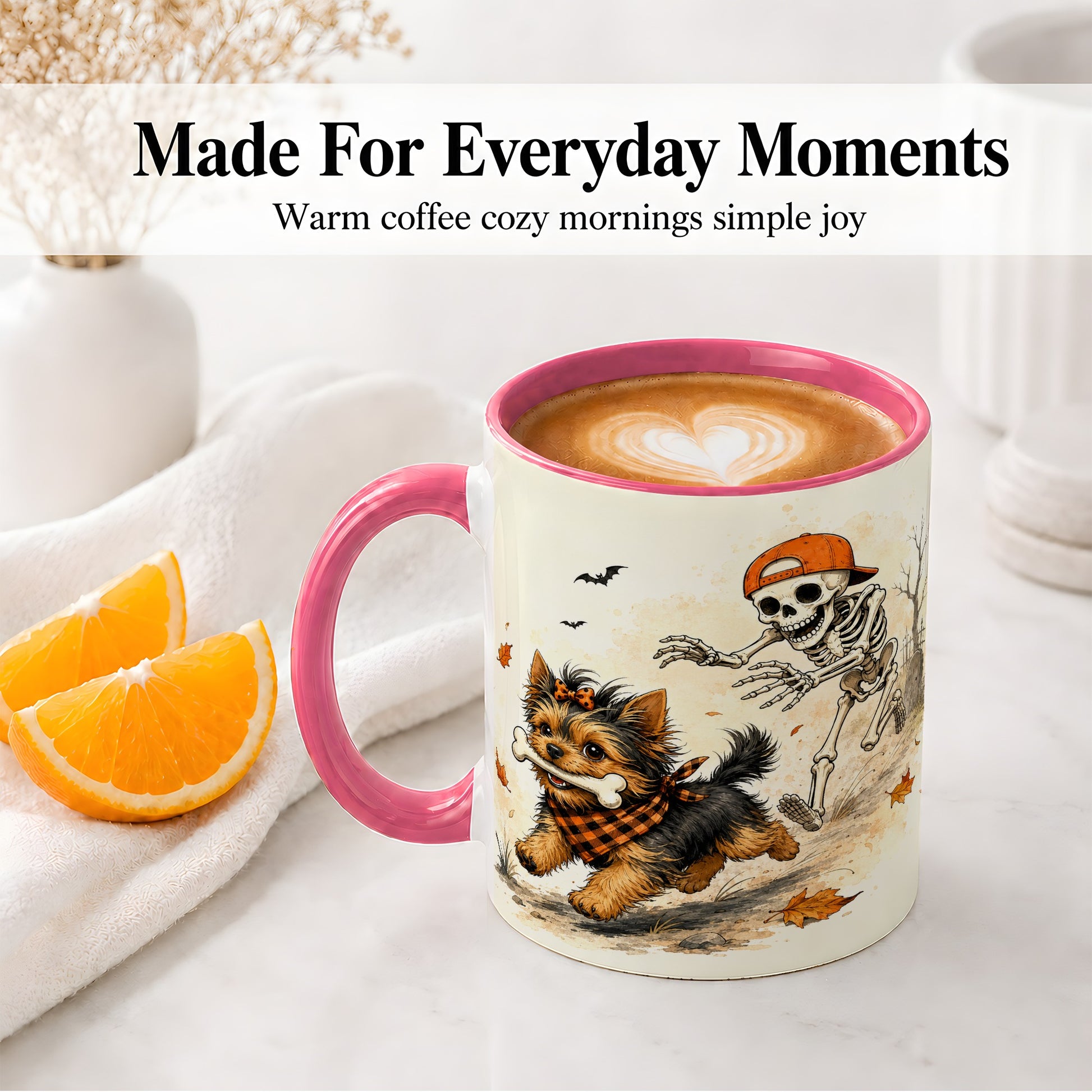 #pl[11oz|Pink] Halloween Terrier Ceramic Mug, Skeleton Chase Autumn Artwork