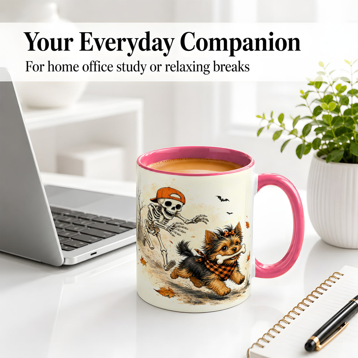 #pl[11oz|Pink] Halloween Terrier Ceramic Mug, Skeleton Chase Autumn Artwork