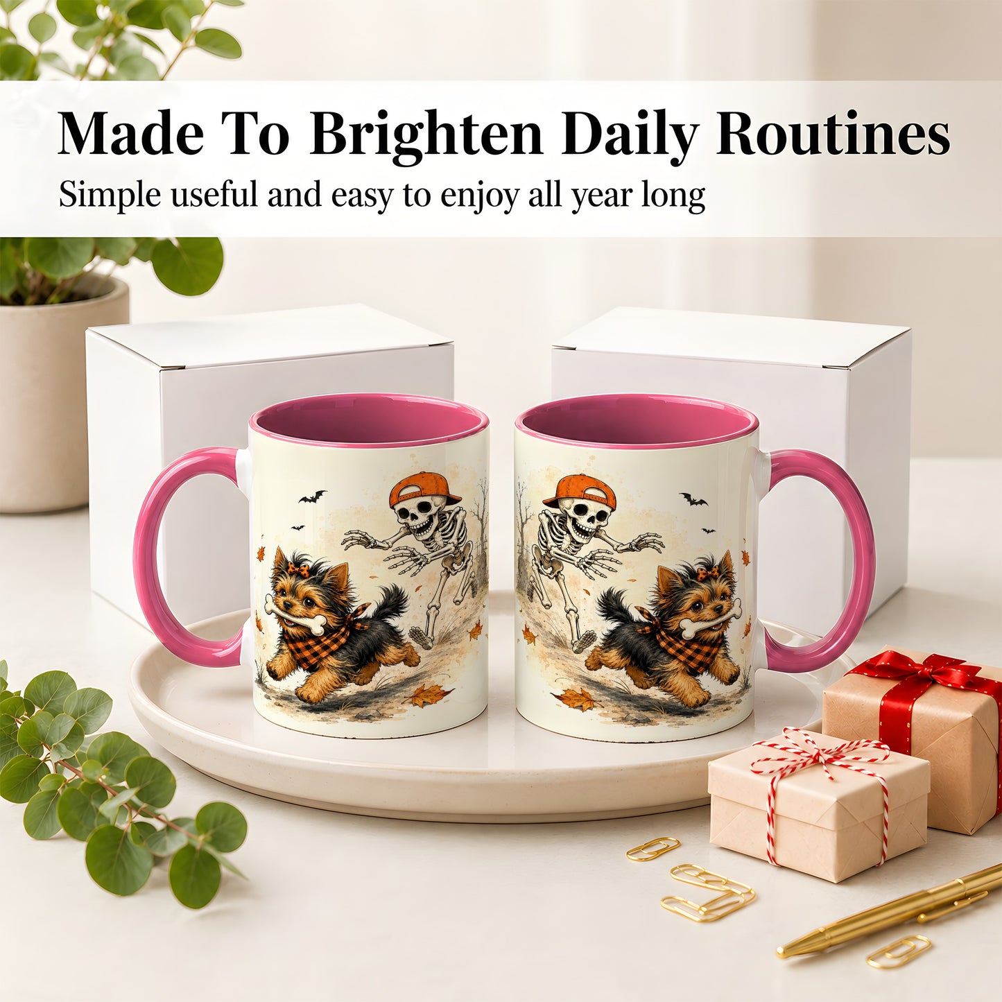#pl[11oz|Pink] Halloween Terrier Ceramic Mug, Skeleton Chase Autumn Artwork